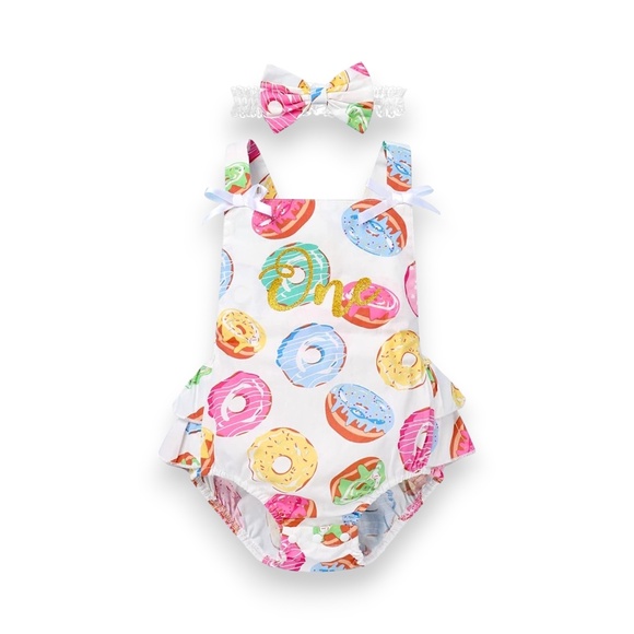 Baby Girls 1st Birthday Donut Romper Headband Outfit Set Size 12M - Picture 1 of 10